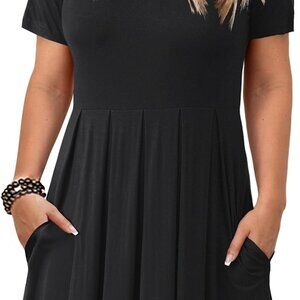 Women's Plus Size Short Sleeve Pleated Swing Dress with Pockets Casual